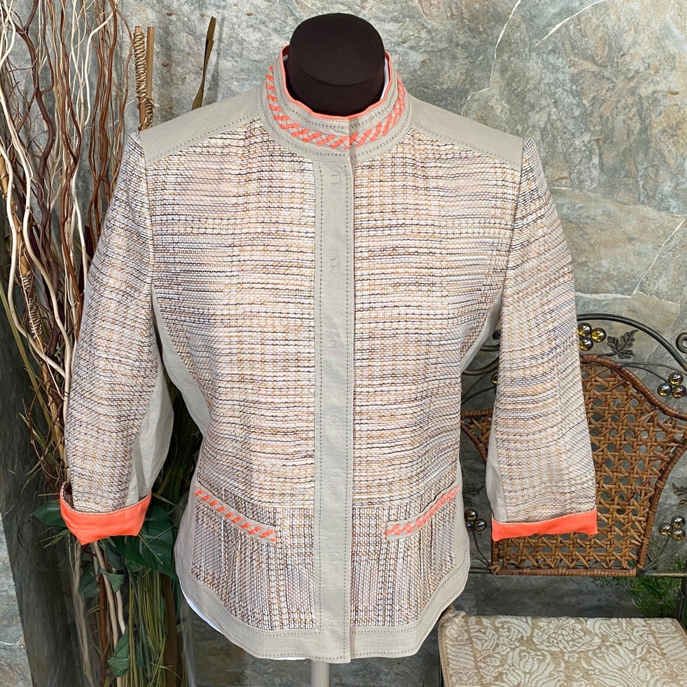 Tahari suit jacket coat blazer woven with braided trim rolled cuff